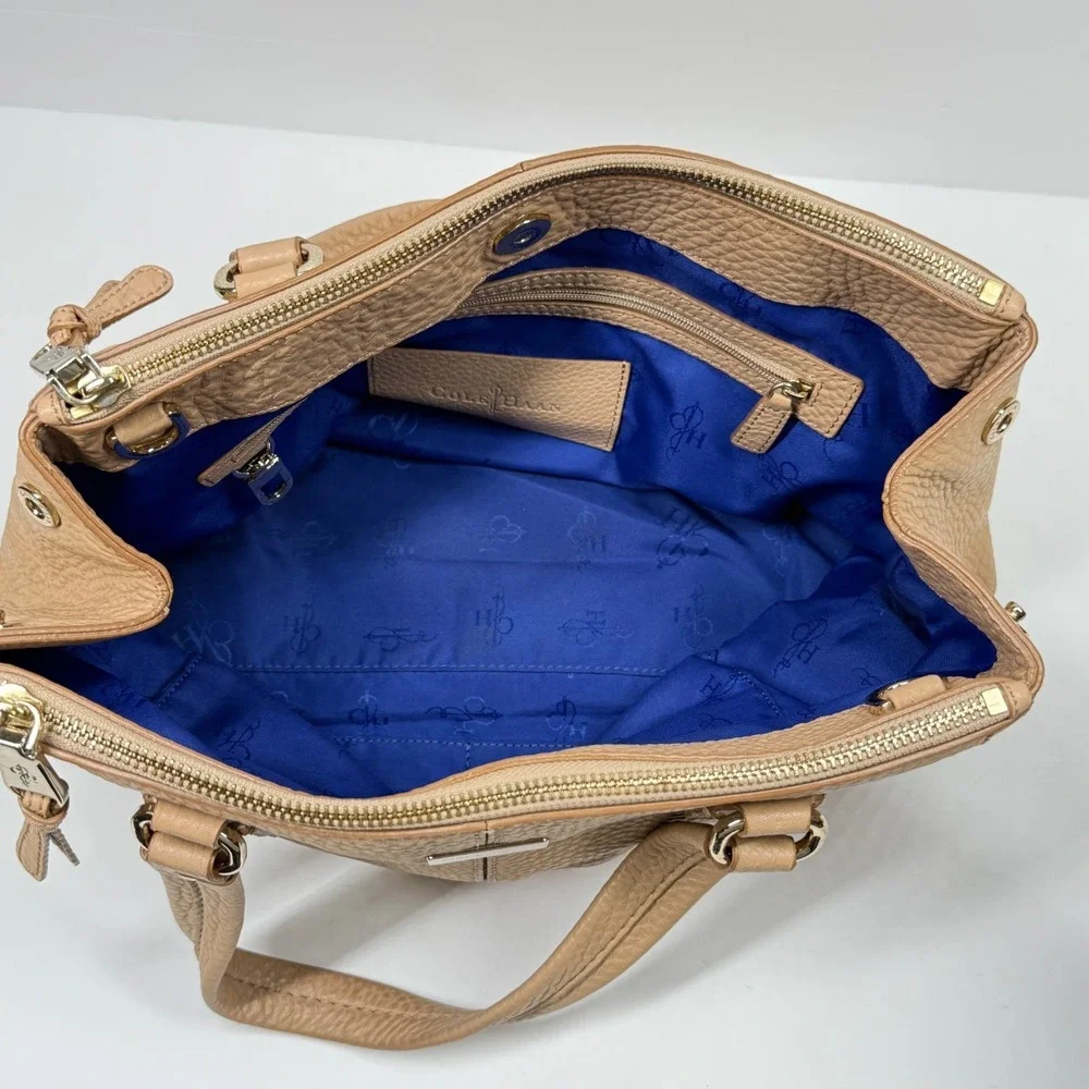 Cole Haan Satchel Beige Pebbled Leather Triple Zip Compartments Medium